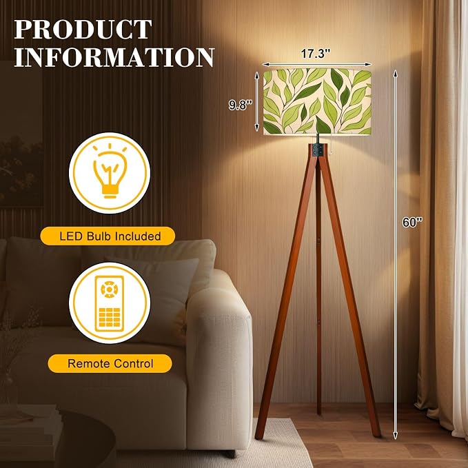 Wood Tripod Floor Lamp Green leaves seamless pattern Watercolor tea leaf textured jungle Mid Century Standing Lamp Linen Shade Dimmable Modern Tall lamp Home Decor for Living Room Bedroom Office