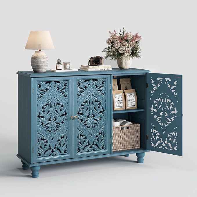 Accent Cabinet with 3 Carved Doors, Distressed Blue Sideboard Buffet with Storage & Solid Wood Legs, 43" Vintage Console Table for Living Room, Entryway, Coffee Bar, Hallway