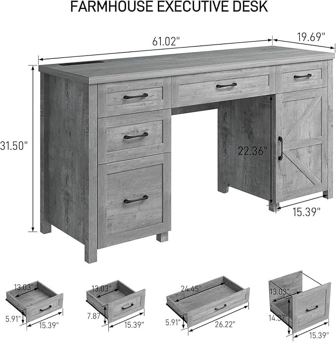 Vabches Farmhouse 61'' Executive Desk with 5 Drawers, Rustic Office Desk Computer Desk with Charging Station, File Drawers and Storage Cabinet, Wood Workstation for Home Office and Study,Grey.