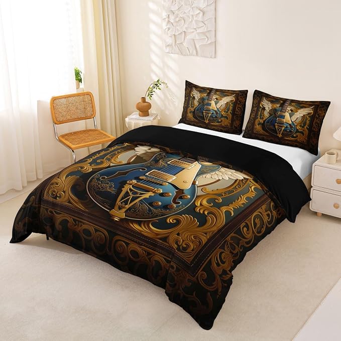 Erosebridal Guitar Bedding Set Full for Men Adults - Retro Baroque Rock Style Duvet Cover Luxury Angel Wings Guitar Comforter Cover,Rock Roll Music Aesthetic Bed Set