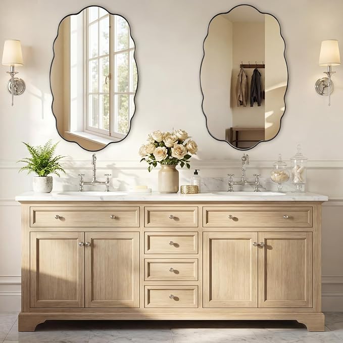 ANDY STAR Chrome Wavy Scalloped Mirror - 24x40 Inch Modern Oval Bathroom Mirror, Unique Irregular Wall Mirror with Heavy Duty SUS Metal Frame
