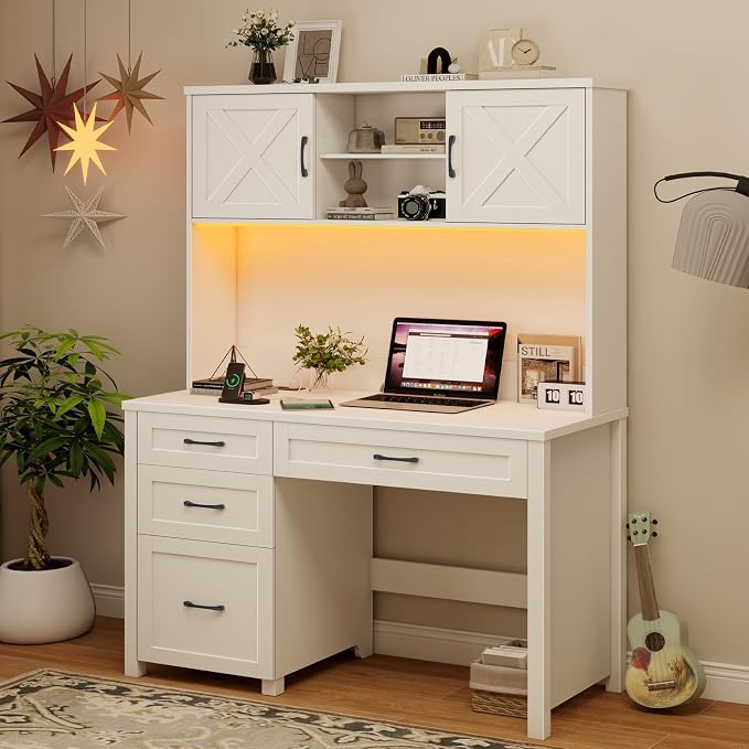 Vabches Farmhouse 67" H Executive Desk with Hutch,Office Desk with 4 Drawers and LED Light, Wood Workstation for Home Office and Study, Computer Desk with File Drawers, Charging Station.Cream White