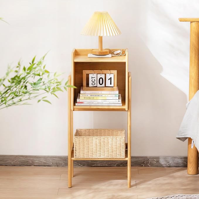 Welnow Bamboo Bookcase with Cabinet, Natural End Table with 1-Tier Storage Shelf, Modern Bedside Organizer Side Table for Bedroom or Living Room, Wood Bookshelf with Open Space