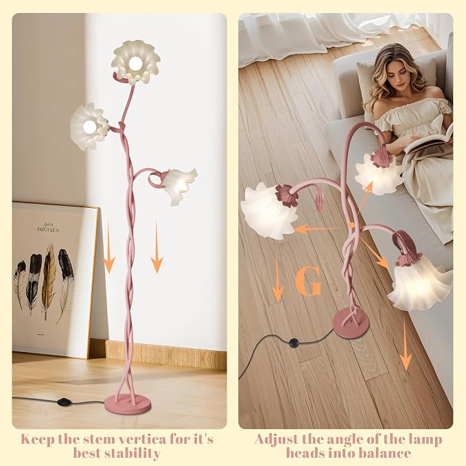 Flower Standing Lamp for Bedroom, Cute Corner Floor Lamp with Flexible Gooseneck, 3 Light Floor Reading Lamp with 3 Color Temperatures, Bulbs Included, Tall Floor Lamp for Living Room Corner(Pink)