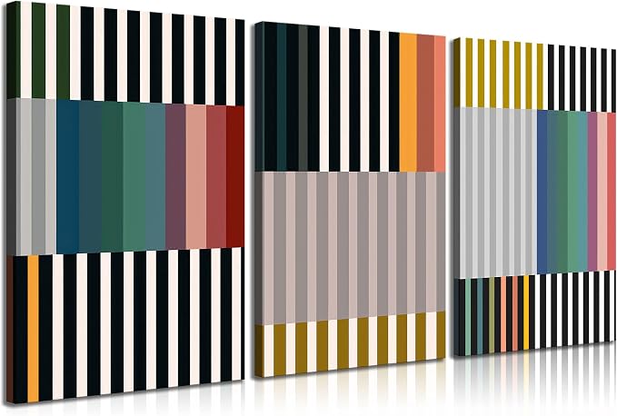 3pcs Abstract Stripes Canvas Wall Art Mid Century Modern Wall Decor Pictures Colorful Simple Line Posters Prints for Living Bedroom office Home Decoration Ready to Hang