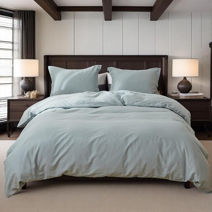 Simple&Opulence 100% Linen Duvet Cover Set, 3 PCS Natural French Flax Dusty Blue Duvet Cover King Size, Breathable Soft Comfy Linen Bedding Comforter Cover with 2 Pillowcases(Dusty Blue, 104"x92")