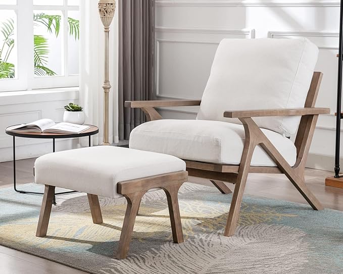 HNY Mid Century Modern Accent Chair with Ottoman, Farmhouse Linen Upholstered Living Room Armchair and Ottoman Set, 23" Seat Wide Retro Leisure Lounge Chair with Wood Frame for Home, Bedroom, White