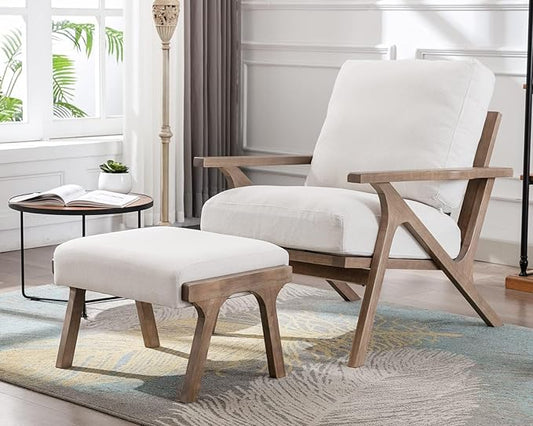 HNY Mid Century Modern Accent Chair with Ottoman, Farmhouse Linen Upholstered Living Room Armchair and Ottoman Set, 23" Seat Wide Retro Leisure Lounge Chair with Wood Frame for Home, Bedroom, White
