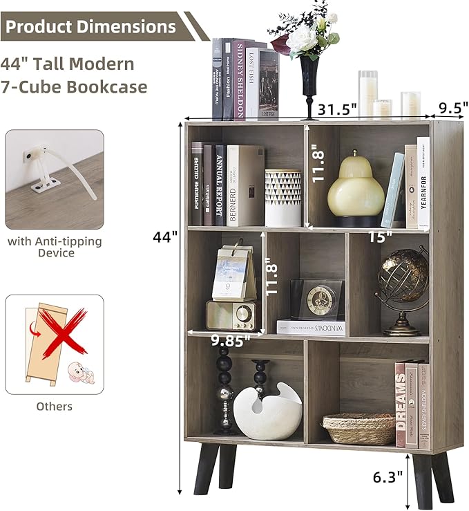 LEYAOYAO Cube Bookshelf 3 Tier Mid-Century Retro Grey Modern Bookcase with Legs,Retro Wood Bookshelves Storage Organizer Shelf,Freestanding Open Book Shelves for Bedroom,Living Room,Office