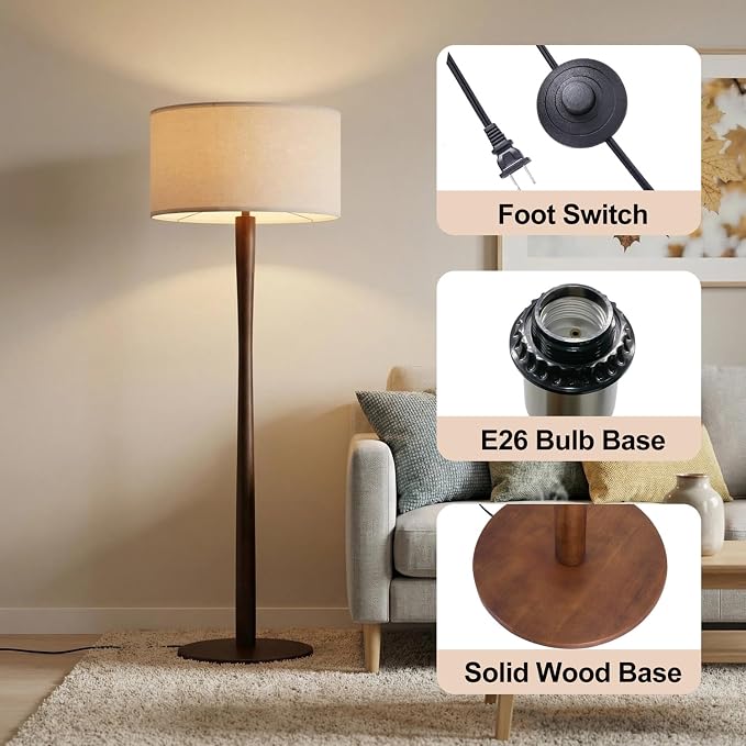 62" Tall Rustic Wood Floor Lamp for Living Room, Farmhouse Walnut Wood Floor Lamps with Linen Shade, UL Listed Standing Lamps with Wooden Base for Bedroom, Corner, Living Room, Office, Beige Shade