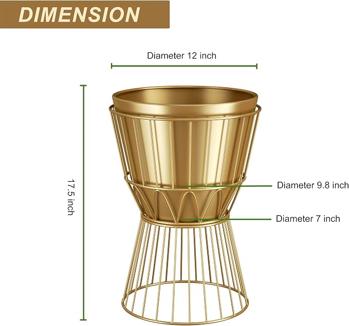 Planter with Stand Gold Metal Plant Pot with Stand - 12 Inch Unique Modern Flower Pots Indoor with Gold Plant Stand with Drainage, 2 Pack