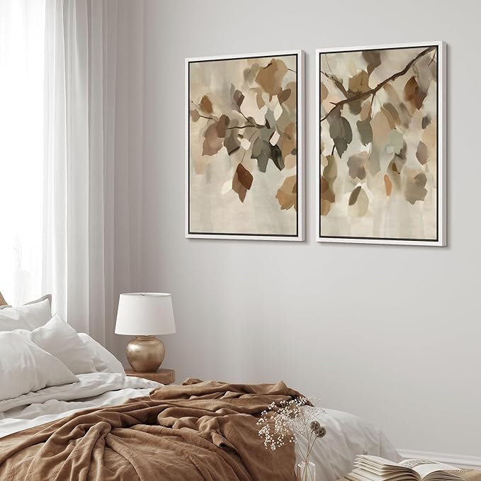MUDECOR Framed Canvas Print Wall Art Set Abstract Leaf Branch Minimalist Nature-Inspired Beige and Brown Calm/Zen for Living Room, Bedroom, Office - 16"x24"x2 White