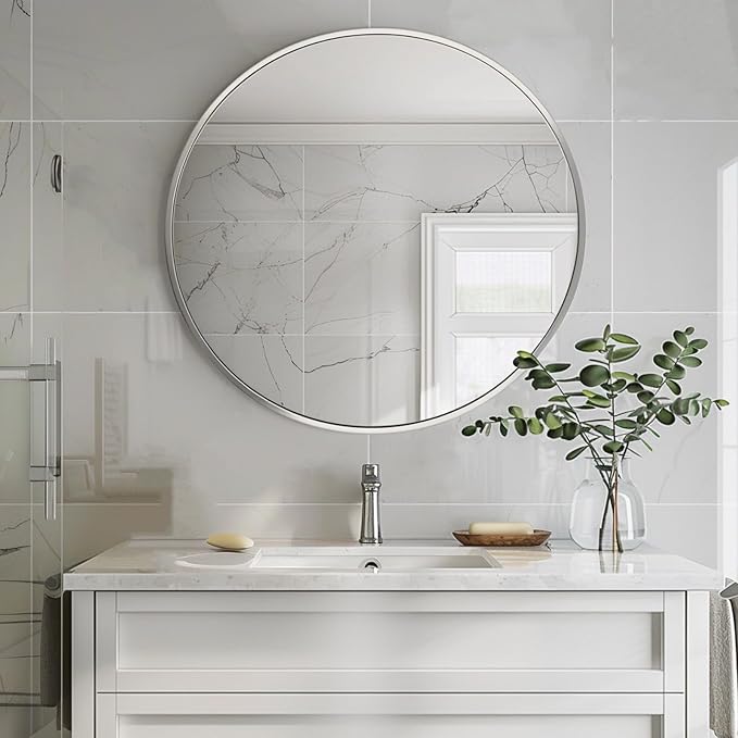 Sunniry Silver Round Mirror 22 inch, Silver Circle Mirror, Round Wall Mirrors with Brushed Aluminum Frame, Circle Mirrors for Living Room, Bathroom, Wall, Hallway.