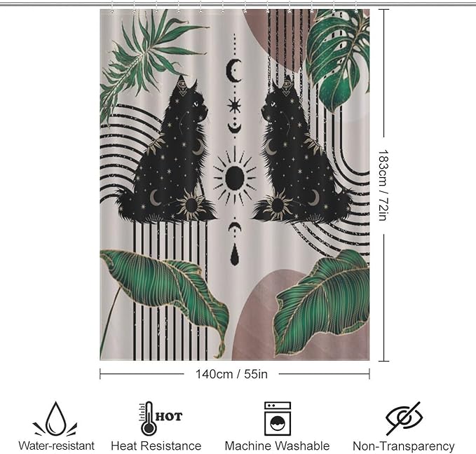 Boho Mid Century Cat Shower Curtain Retro Moon Star Leaves Black Cat Geometric 70s Vintage Waterproof Shower Curtains for Bathroom Decor 12 Pack Hooks 55x72in（140x183cm）