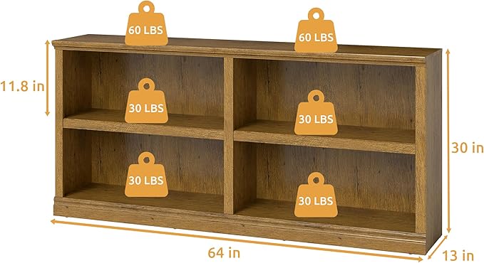 Double Wide Open Shelf Bookcase - 2 Tiers 4 Storage Cube Adjustable Space Book Case, Display Cabinet Organizer with Bookshelf, 64.8 inch Width Indoor Furniture for Home Library Office, Vintage Oak