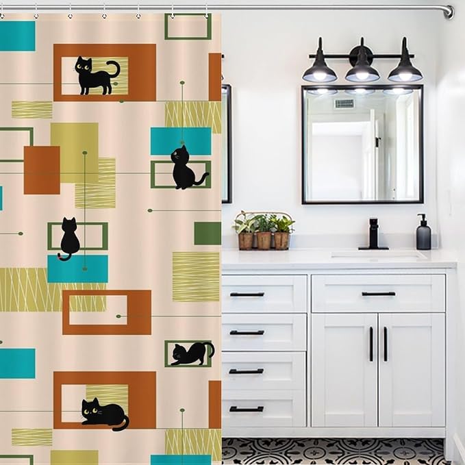 Mid Century Black Cat Shower Curtain,Vintage Abstract 60s Geometric Pattern Modern Decor Bathroom Curtain Polyester Waterproof Fabric 66x72in（168x183cm）