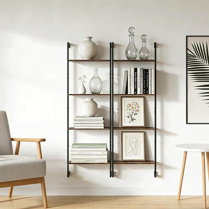 4 Tier Industrial Ladder Bookshelf 15.74" Dx9.44 Wx49.99 H, Wall Mounted Bookcase with Metal Frame for Home Office, Living Room, Study，Brown