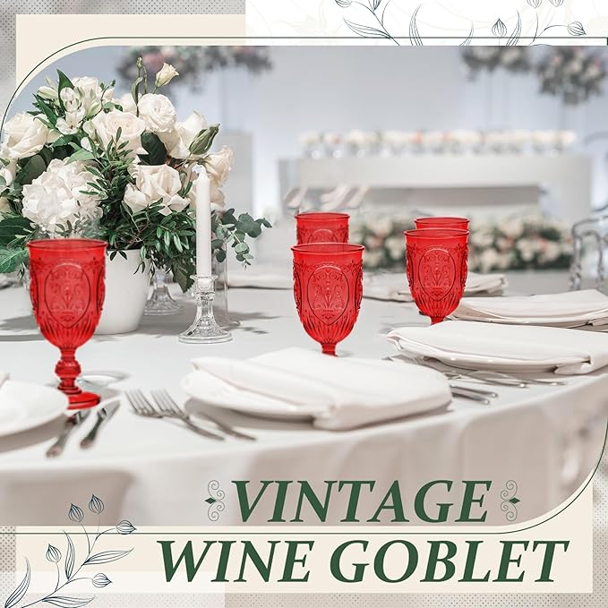 24 Pcs Plastic Goblets 7.5oz Vintage Goblet Plastic Wine Glasses Colored Retro Embossed Water Goblets for Wine Bar Juice Baby Shower Wedding Reception Grand Event Party (Red)
