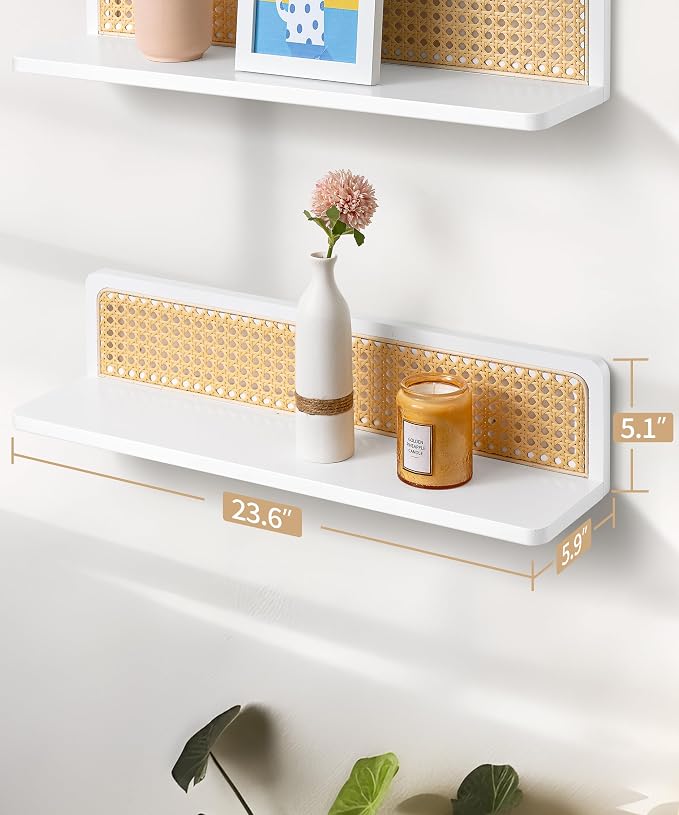 Rattan Wall Shelf 24inch Set of 2, Handmade White Floating Shelves Boho Wall Decor, Rustic Wood Wall Mounted Storage Shelves for Living Room Nursery Bedroom
