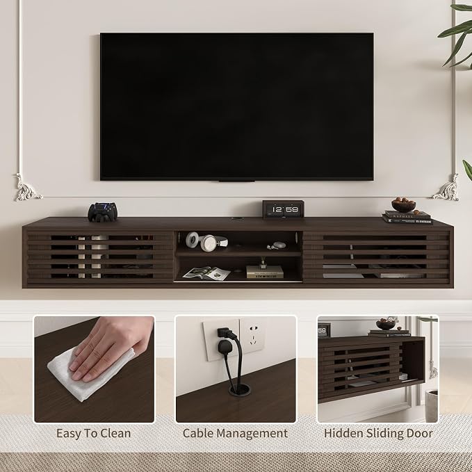 47" Floating TV Stand with Slatted Sliding Doors, Mid-Century Modern Wall Mounted Entertainment Center, Walnut Media Floating tv Console for 65 TV, Space-Saving Cable Management