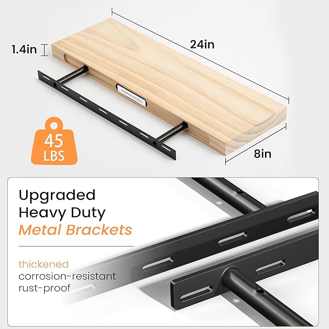 Fun Memories Farmhouse Floating Shelves - 8 Inch Deep Rustic Wood Wall Shelf - Premium Solid Wood Storage Shelf - 24" W x 8" D - Set of 2 - No Stain - Natural Unfinished for DIY