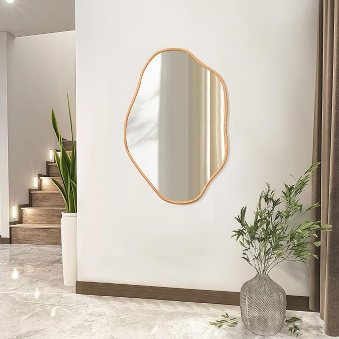 ULIKE Irregular Wall Mirror, 24x36 Inch Asymmetrical Wall Mirror with Solid Wood Frame, Mid-Century Modern Decor with Natural Wood, Vanity Mirrors for Bathroom Bedroom Living Room Entryway