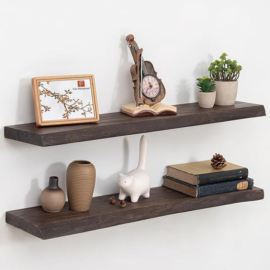 Fun Memories Floating Shelves for Wall Set of 2, Rustic Solid Elm Wood Live Edge Wall Shelves 36 Inch - Invisible Bracket Mount for Living Room, Bathroom, Bedroom, Kitchen, Walnut
