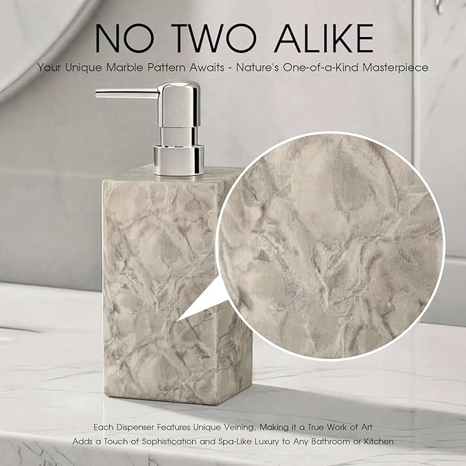 2 Set Real Natural Marble Soap Dispenser with Stainless Steel Pump – Decorative Liquid Hand Soap Bottle for Kitchen & Bathroom, Compatible with Lotion, Dish Soap & Shower Gel (Grey)