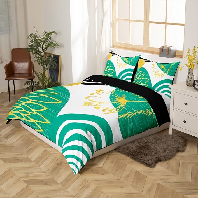 Erosebridal Turquoise Boho Modern Duvet Cover King Size for Women Men Adults - Mid Century Abstract Comforter Cover Bohemian Geometric Bedding Set Chic Contemporary Stripes Bed Set
