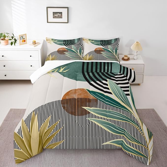 Erosebridal Boho Mid Century Comforter Set King Modern Abstract Geometric Bedding Set,Retro Minimalist Aesthetic Down Comforter Line Art Duvet Insert for Women Men,Green Room Decor