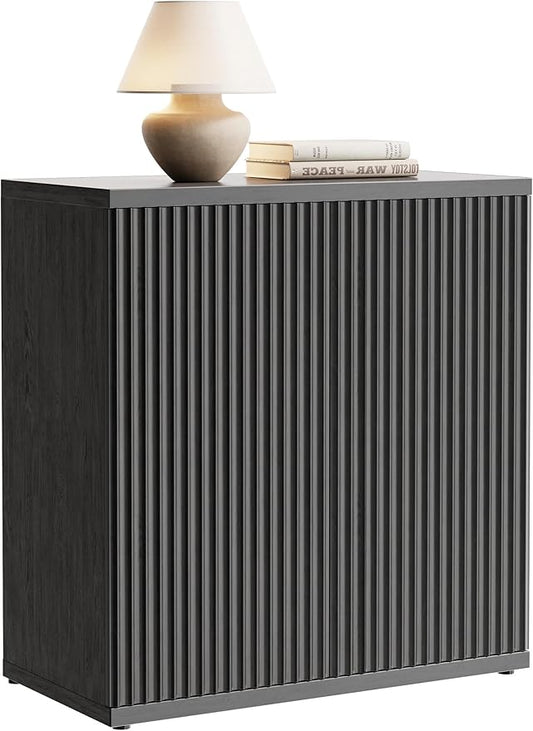 Fluted Buffet Cabinet Sideboard with Storage,Wooden Credenza with 2 Doors&Adjustable Shelve, Modern Accent Cabinets Coffee Bar Bookcase for Living Room,Kitchen Dining Room Entryway 15"D Black