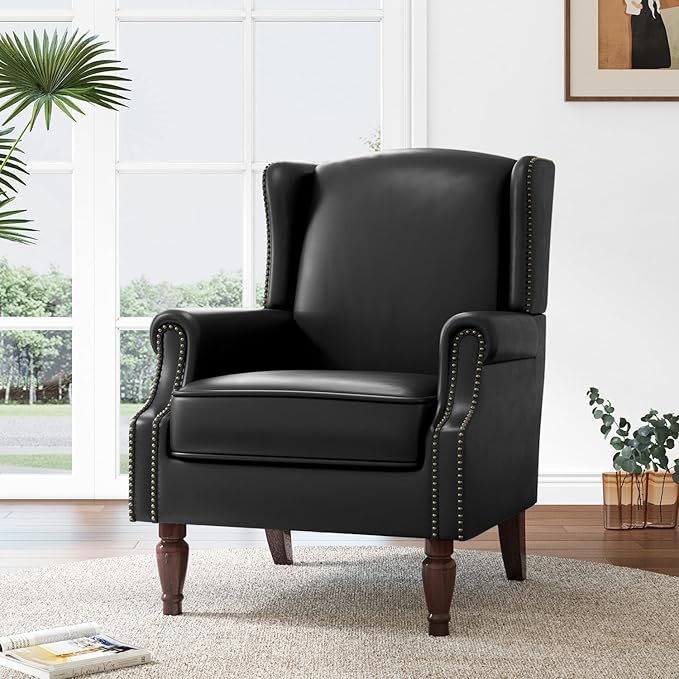 Lumibee Accent Chair, Faux Leather High Back Armchair or Living Room, Comfy Upholstered Single Sofa Reading Chair with Solid Wood Legs for Office, Bedroom, Waiting Room-Black