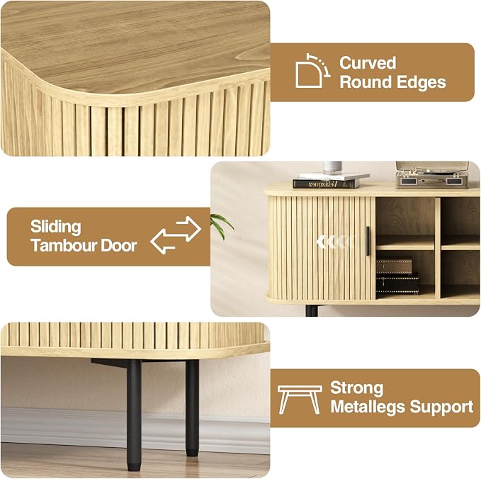 55''W Storage Cabinet, Fluted Sideboard Buffet Cabinet with Storage, Console Table Credenza with Tambour Slatted Sliding Doors and Shelves, Modern TV Stand for Living Room, Kitchen, Entryway, Natural