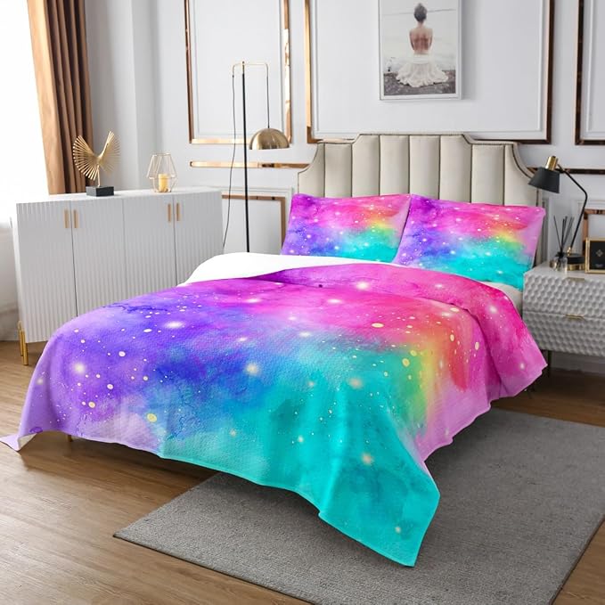 Erosebridal Rainbow Galaxy Bedspread Queen Size Pink Purple Blue Teal Quilt Set, Psychedelic Stars Coverlet Set Colorful Tie Dye Bedding Set, Grunge Ombre Gradient Bed Cover Girly Room Decor 3pcs