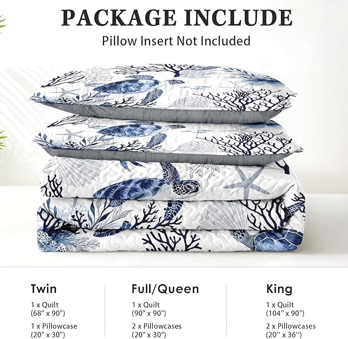 Pamnest Quilt Set Full/Queen Size, Ocean Sea Coral 3 Pcs Soft Bed Cover Bedding Set for Kids and Adults, Blue Animal Turtle Lightweight Bedspread Coverlet with Pillow Sham for All Season