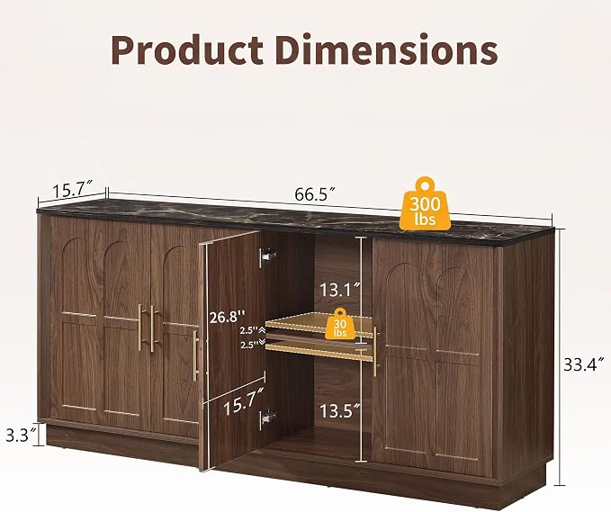 66.5" Sideboard Buffet Cabinet with Storage, Modern Credenza with Faux Marble Top & Arched Doors, Large Wood Accent Cabinet for Living Room, Kitchen, Entryway