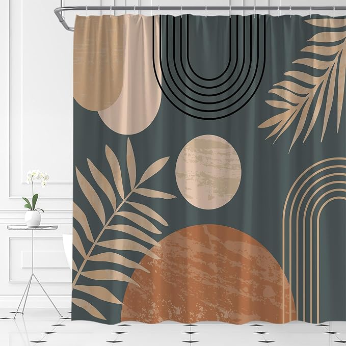 Mid Century Modern Shower Curtain Boho Grey Abstract Retro Aesthetic Fabric for Bathroom Decor Bathtub with Hooks (70" WX74.8 H)