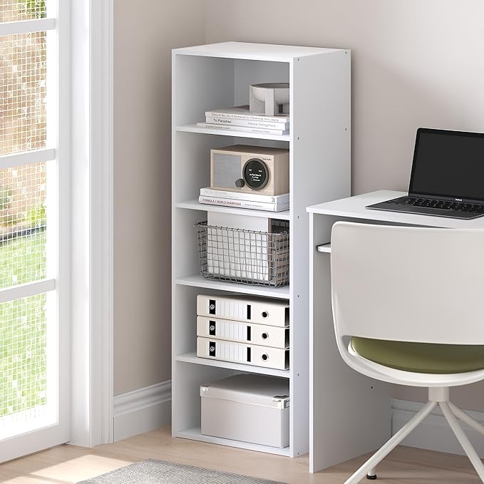 Furinno Basic Book Shelf, 5-Tier Bookshelf, Storage Organizer Bookcase with Open Shelf, 11 x 17 x 44, for Living Room, Bedroom, Home Office, White