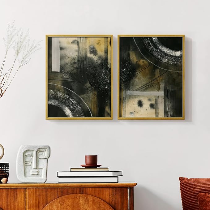 Renditions Gallery Set of 2 Peel & Stick Framed Prints, Moody Abstract Wall Art, Circular and Splattered Effects Wall Decor, Re-Stickable - Ready to Hang - 8"x10" - GOLD Frame LT588
