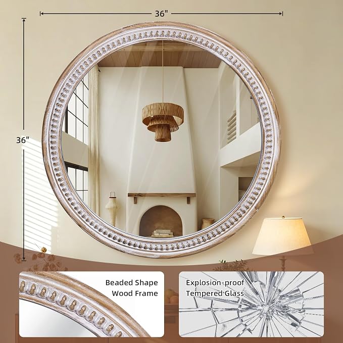 HOITUZYUS Round Wood Mirror 36 Inch Rustic Farmhouse Circle Wall Mirrors for Wall Decor, Bathroom, Vanity, Entryway Living Room