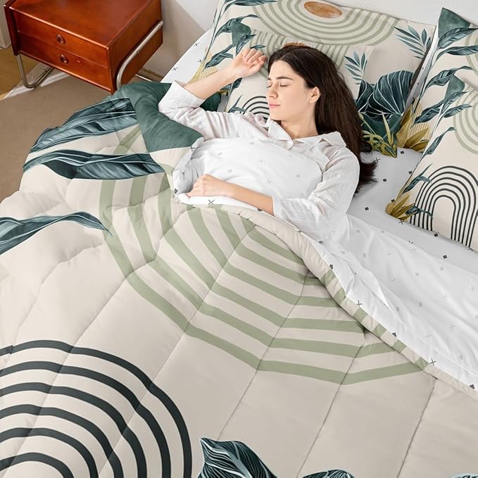 Erosebridal Mid Century Modern Full Comforter Set with Sheets 7 Piece Boho Tropical Leaves Palm Leaf Bed in A Bag Retro Geometric Line Art Bedding Sets Abstract Sun Aesthetic Arch Curve Bed Set