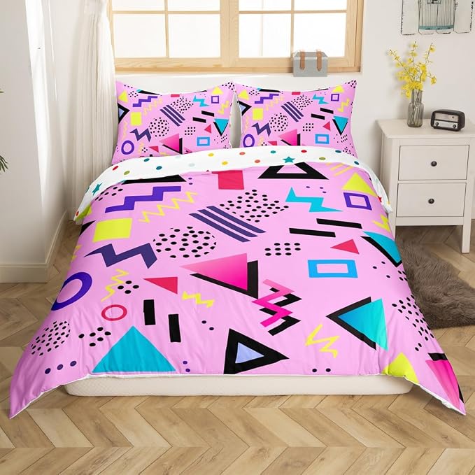 Memphis Duvet Cover Hipster Retro Bedding Set,80s and 90s Hip Hop Funky Comforter Cover Colorful Pop Art Inspired Pattern Twin Bed Set,Watercolor Eighties Memphis Geometrical 80s Bedroom Decor