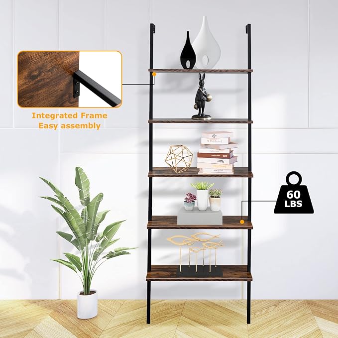 5 Tier Wall Mounted Ladder Shelf, Ladder Bookshelf with Metal Frame and Wood Shelf, Modern Learning Bookcase for Living Room, Bedroom, Office (23.6" W x 11.8" D x 70.8" H, Rustic Brown)