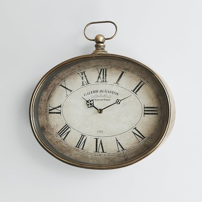 Large Decorative Wall Clock - 20 inch, Distressed Gold, Oval Pocket Watch Design, Roman Numerals, Battery Operated, Large Antique Style for Living Room, Kitchen, Bedroom Decor