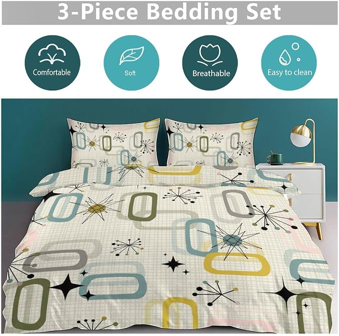 Modern Geometric Bedding Set,Retro Mid Century Colorful Diamond Abstract Geometric Vintage 60s 70s Pattern Comforter Set with Pillowcase for Bedroom Bed Decor,Full 79"x90"