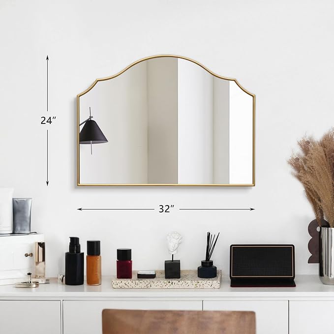 Besdomus Gold Scalloped Mirror for Vanity: 32"x24" Modern Minimalist Wooden Bathroom Mirror - Decorative Dresser Wall for Mantel/Bedroom/Entryway/Hallway - Ideal for 20-55 Age Fashion Women