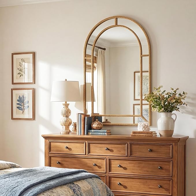Tangkula 35" x 23" Gold Arched Wall Mirror, Decorative Mirror with Beaded Frame for Living Room, Entryway, Fireplace, Bedroom, Modern Vintage Wall Decoration (Arched)