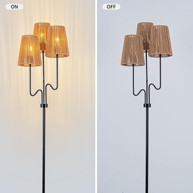 MAYNA Bohemian Floor Lamp, 68 in. Rattan Floor Lamp with Rattan Shade, 3-Light Tree-Shaped Stand Lamp for Bedroom, Nursery, E26 Socket, Living Room(Black)