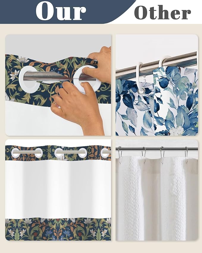 No Hook Shower Curtain and Snap in Liner Set - Vintage William Morris Floral Botanical Pattern Shower Curtains for Modern Farmhouse Bathroom, Mesh Top Waterproof Bath Curtain, 71Wx74H