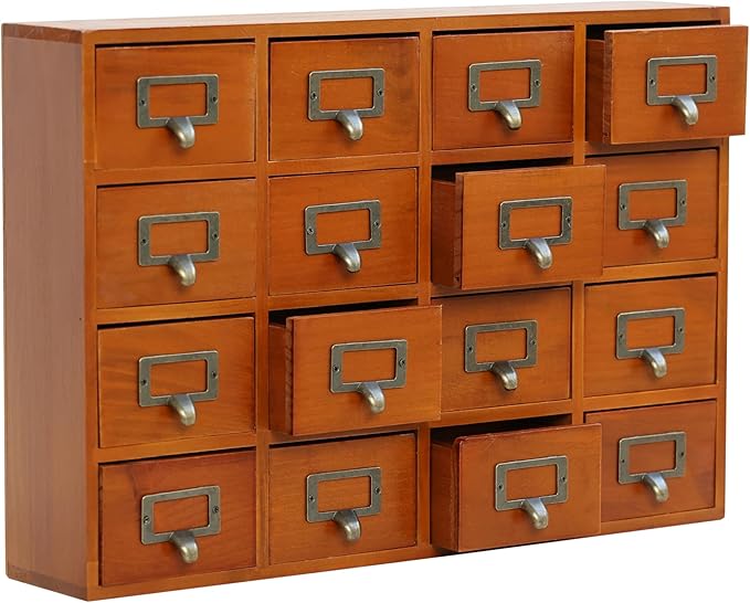 Card Catalog Desk Drawer Organizer - Wooden Storage Box with 16 Drawers - Home Office Desk Organizer Curio Cabinet - Rustic Drawers Dressers for Countertop- Apothecary Cabinet Tea Coffee Pod Storage